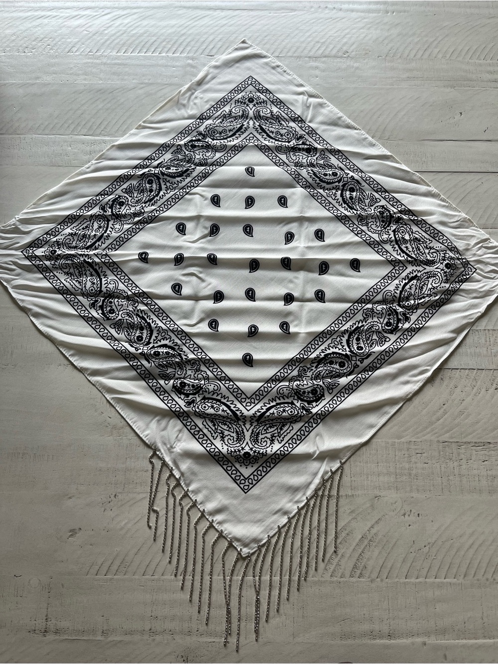White and Navy Paisley Rhinestone Fringe Scarf